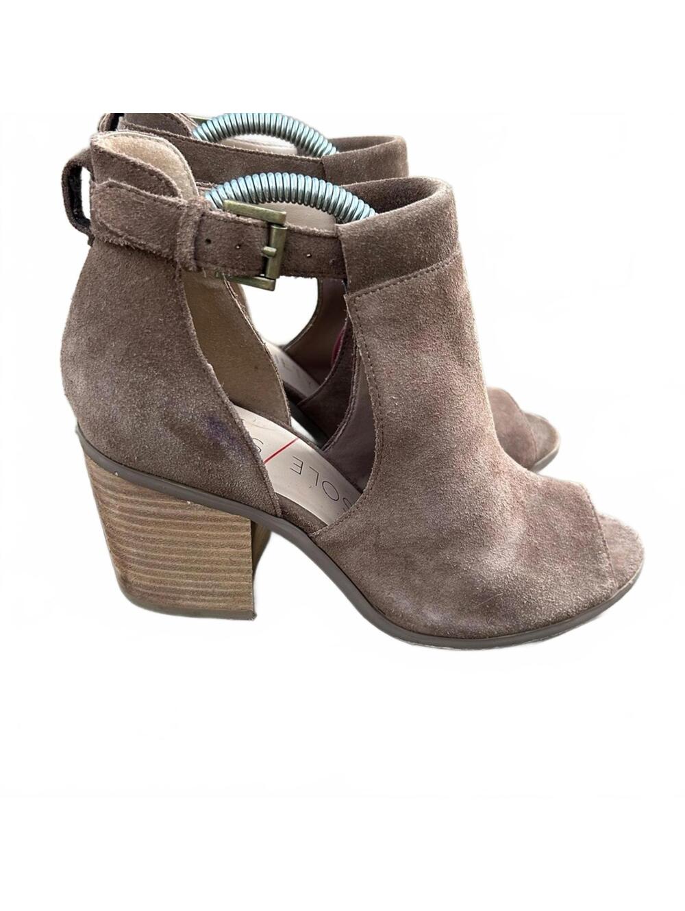 Sole Society Ferris Open-Toe Suede Bootie | Dark Taupe | Block Heel | Size 8